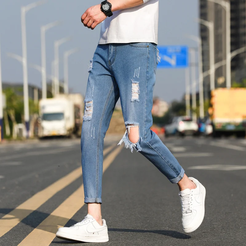 Heren ripped slim fit jeans voor lente en zomer, trendy uitstraling, comfortabele pasvorm, ideaal voor casual outfits en een moderne look. — foto 2