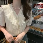 Ruffled V-neck Bubble Short Sleeve Lace Shirt — photo 3