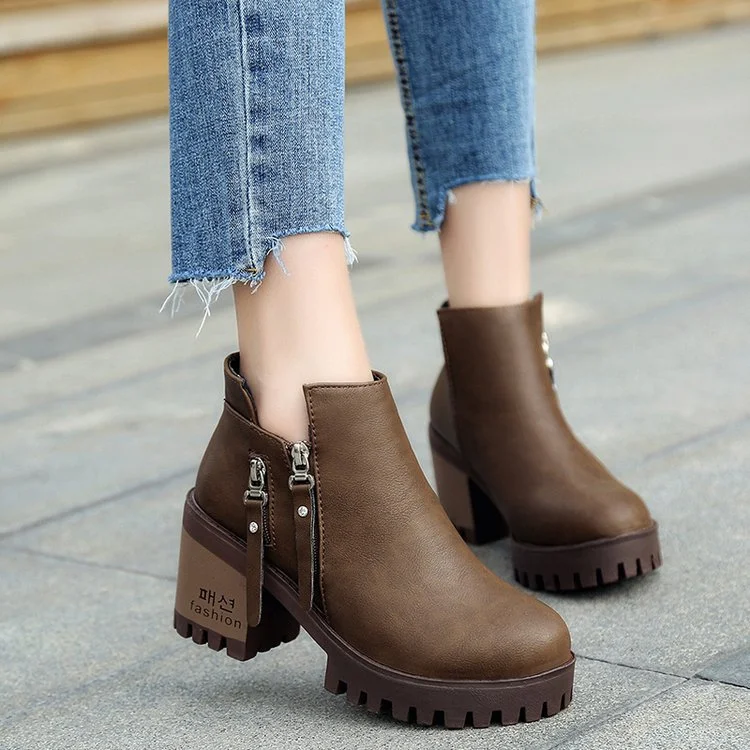 Women's Chunky Heel Short Boots with Side Zipper, High Heel Martin Boots, Round Toe, perfect for everyday wear and styli — photo 5