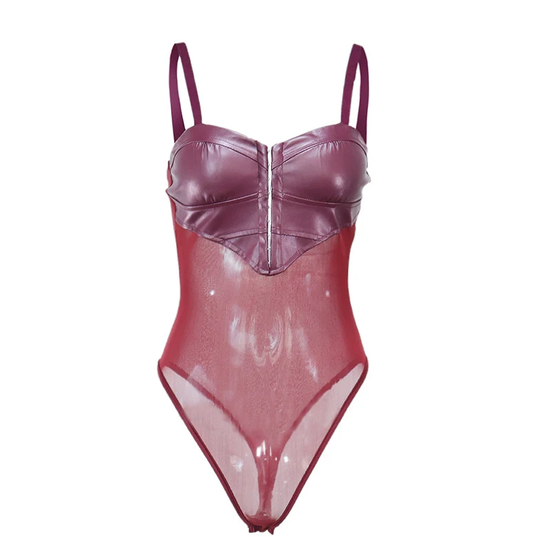 Women's Sexy See-Through PU Leather Mesh Stitching Suspender Jumpsuit, perfect for a bold and stylish look, enhancing yo — photo 4