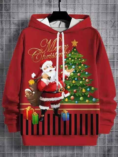 Moletom com capuz masculino casual e estiloso de Natal, perfeito para um visual descontraído e moderno nas festas de fim de ano, ideal para o inverno. — foto 6
