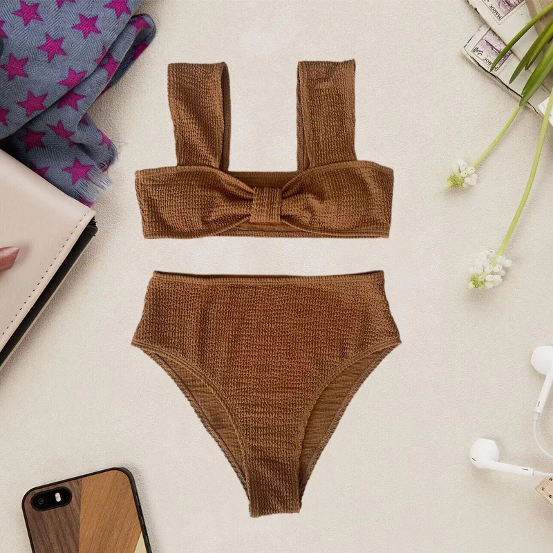 Nuovo costume da bagno da donna a vita alta divisa, tessuto speciale tinta unita, per un look elegante e confortevole in spiaggia o piscina. — foto 5
