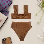 Nuovo costume da bagno da donna a vita alta divisa, tessuto speciale tinta unita, per un look elegante e confortevole in spiaggia o piscina. — foto 5