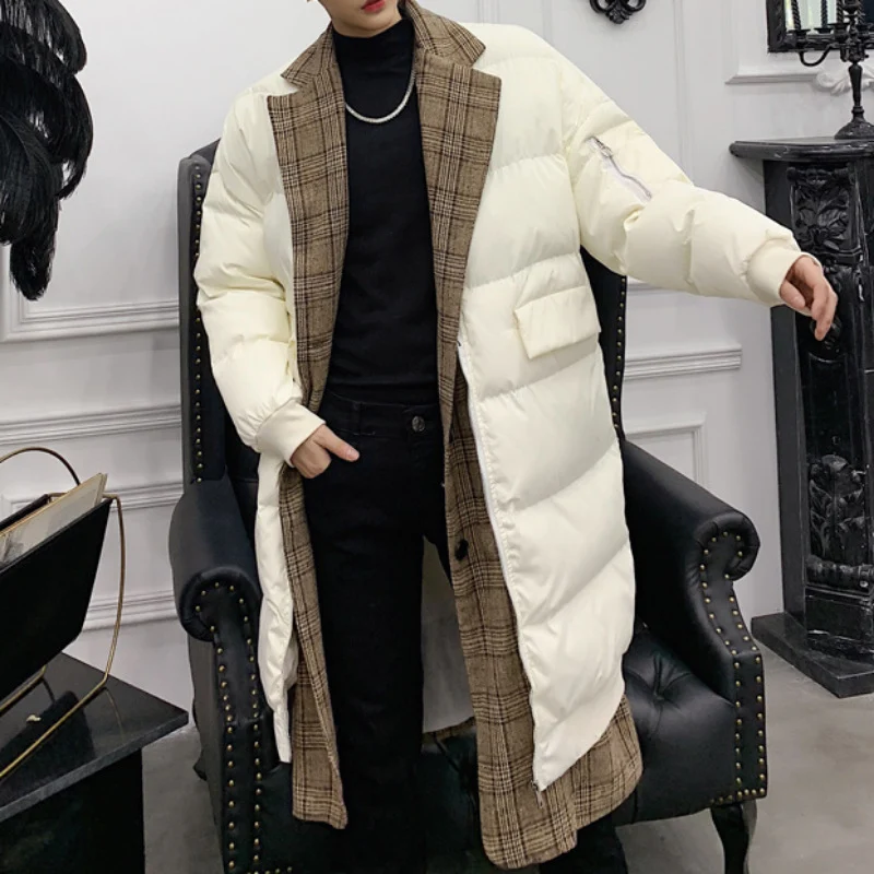 Men's Plaid Collar Fake Two Pieces Thickened Cotton Padded Coat Loose Mid-length Over The Knee for warmth and style. — photo 2