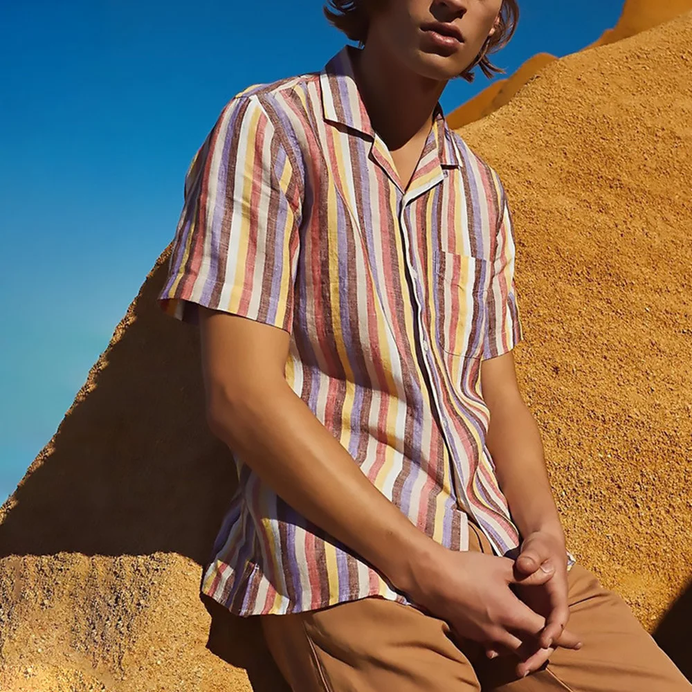 Camisas masculinas casuais com gola lapela, listradas e manga curta. Conforto e estilo para o dia a dia, perfeitas para o verão. — foto 5