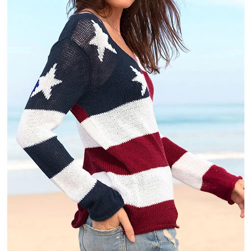 Title 4, Womens Star Stripes Thin See-through Knitted T...