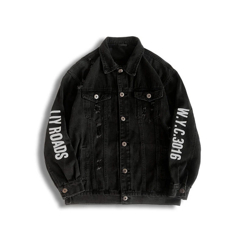 Letter print ripped denim jacket, perfect for a casual, stylish look. Comfortable and fashionable outerwear for everyday — photo 2