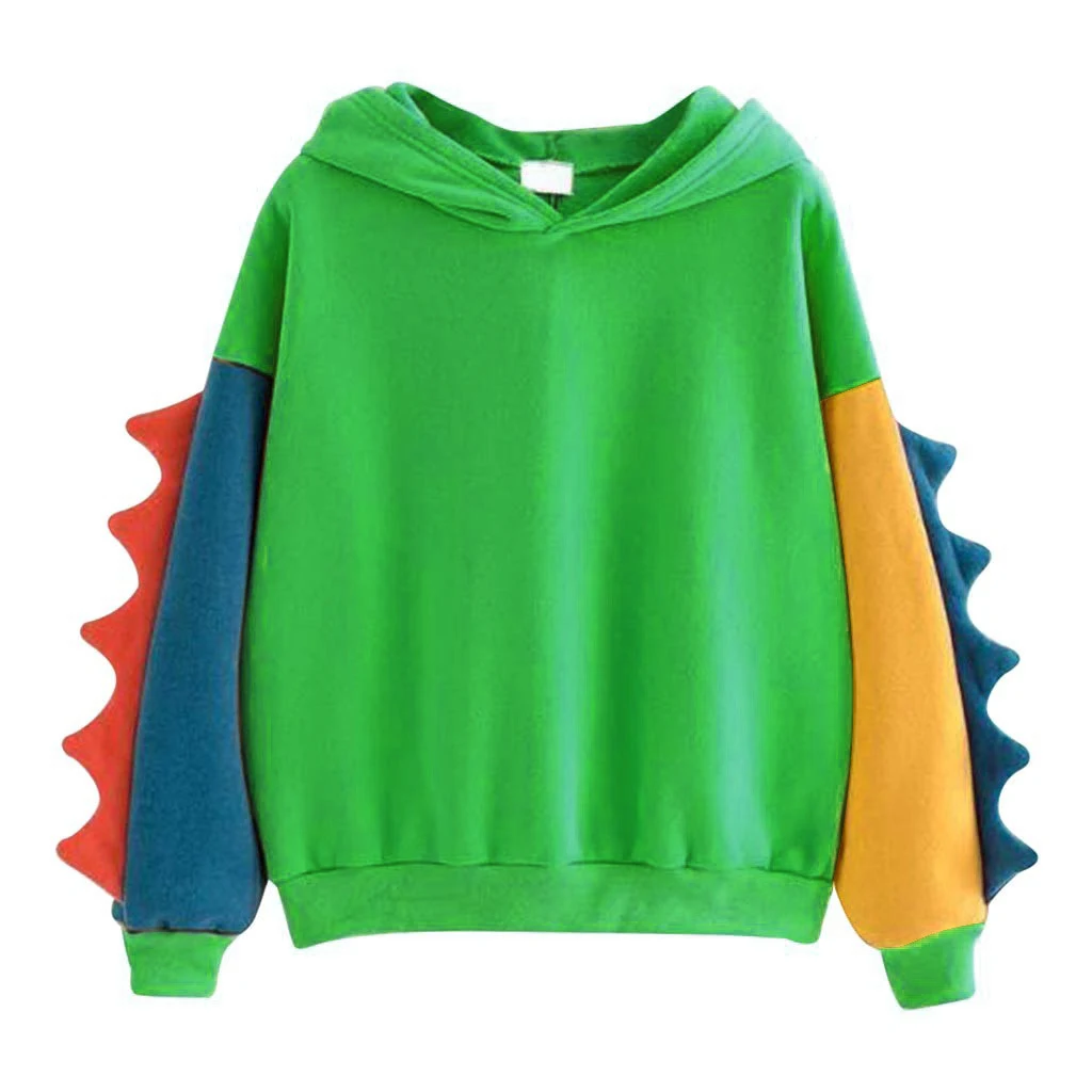 Moletom fofo de dinossauro com capuz e cores contrastantes, quente e manga longa. Perfeito para aquecer e deixar seu filho estiloso! — foto 2