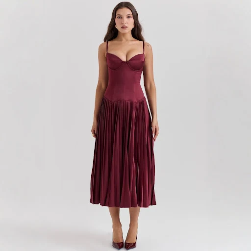 Title 5, Spaghetti Straps Sleeveless Slim-fit Pleated Dress