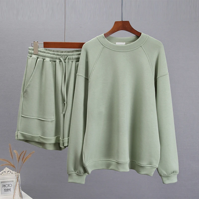 Women's Fashion Casual Solid Color Round Neck Long Sleeve Sweater Shorts Set, a comfortable and stylish outfit perfect f — photo 1