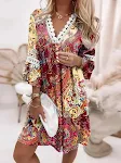 Women's V-neck Printed Lace Stitching Dress — photo 10