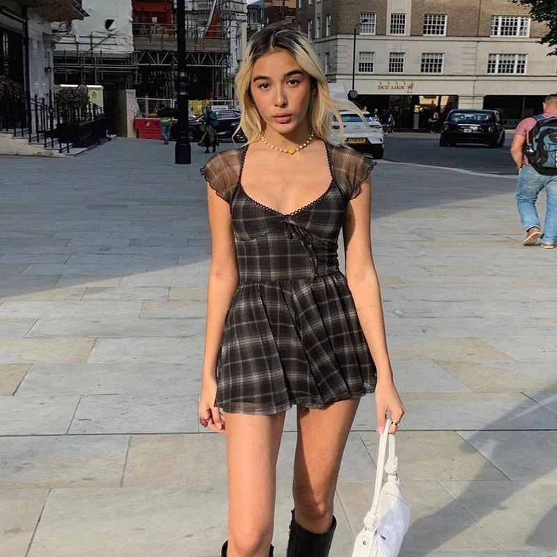 Gothic Plaid Dress Black Lace Up Women Dress Harajuku, a stylish and unique dress perfect for any occasion, comfortable — photo 5