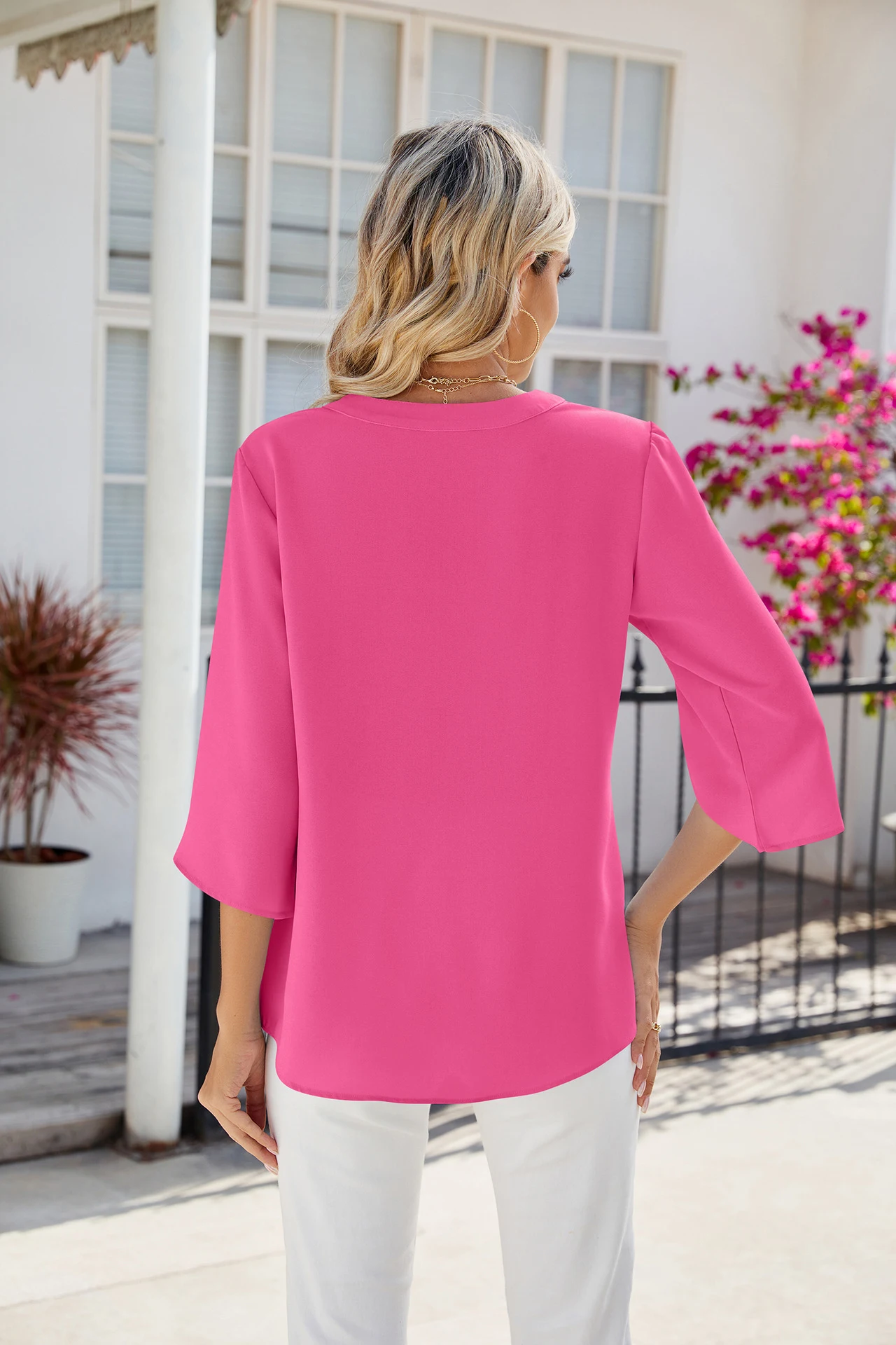 Title 3, Blusa de gasa con cuello en V y botones, manga ...