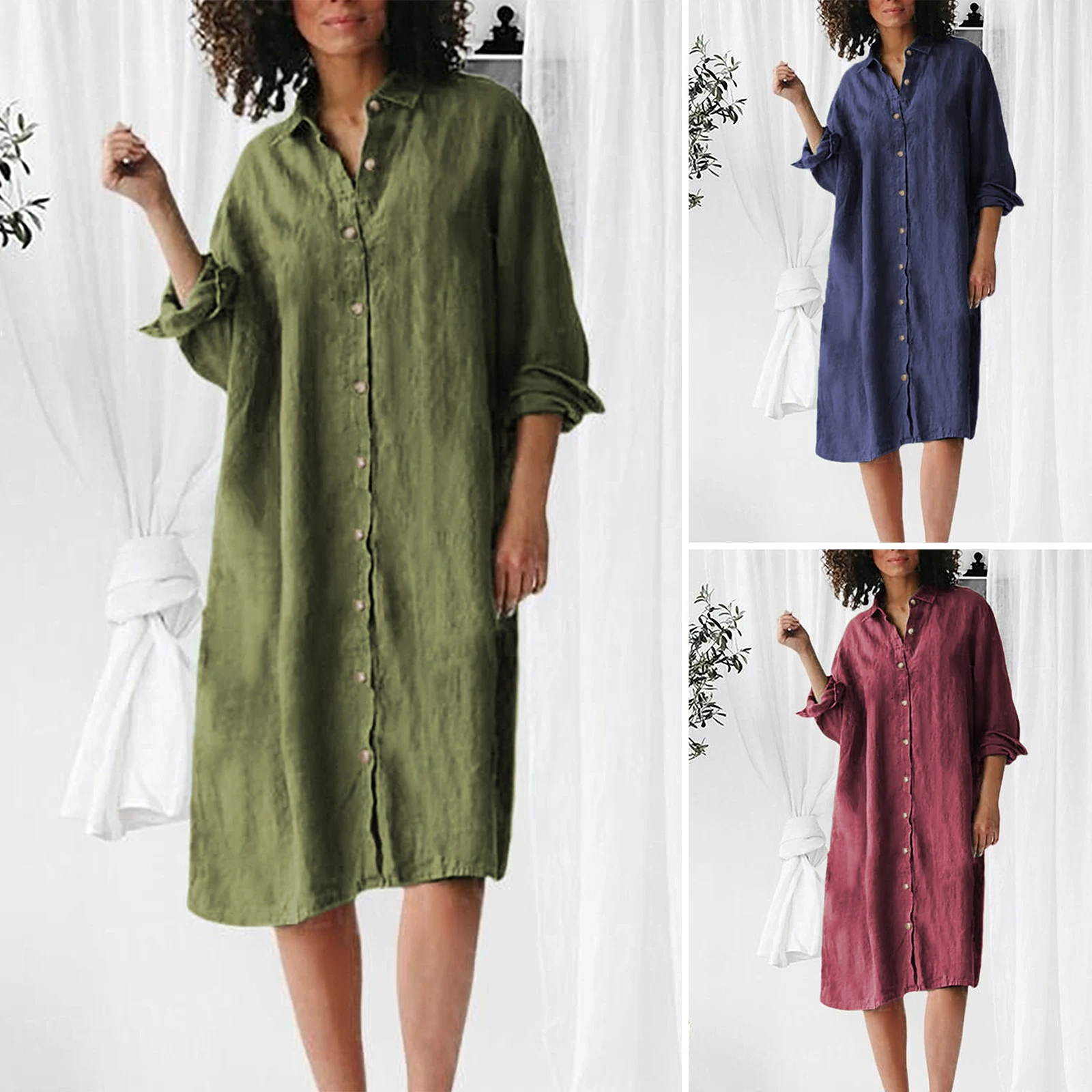 Title 5, Long Sleeve Lapel Button Shirt Mid-length Dress
