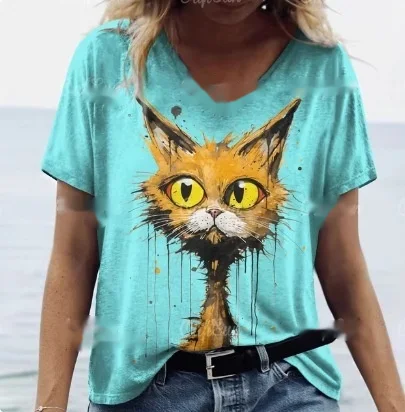 Feminino verão gato estampa casual manga curta camisa redonda roupas soltas — foto 16