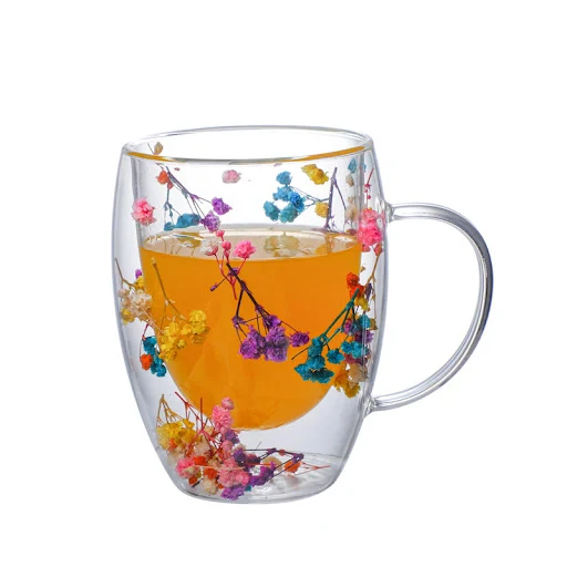 Title 10, Real Flower Double Layer Glass Cup Borosilicate...