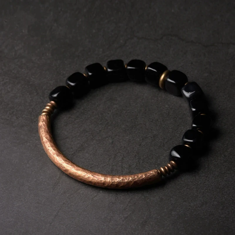 Title 5, Pulseira cúbica de obsidiana negra artesanal pa...