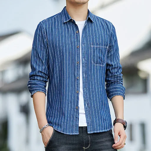Title 5, Mens Denim Cotton Shirt Washed Striped Slim Fi...