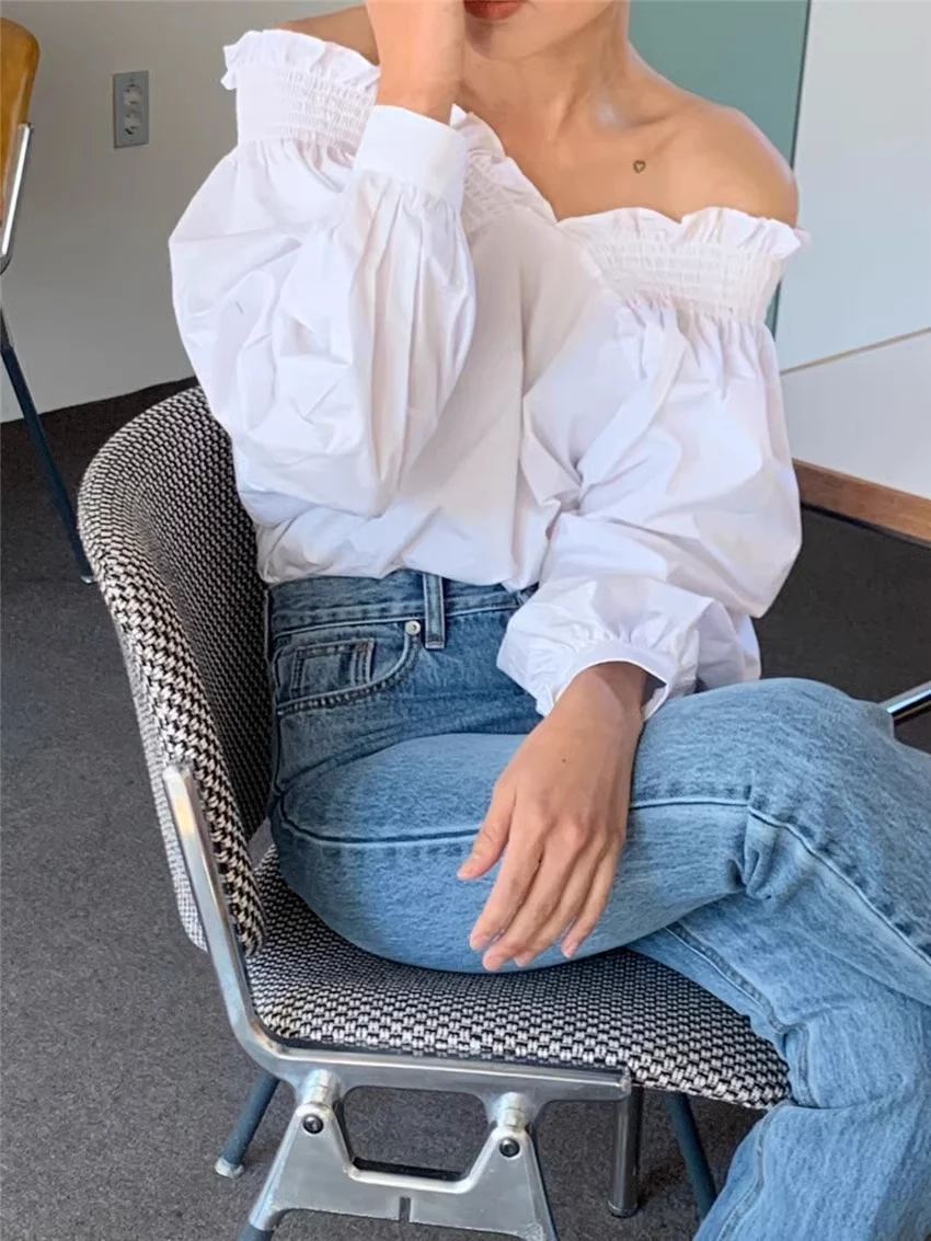 Title 7, French Milk Blue and White Off-shoulder Reverse...