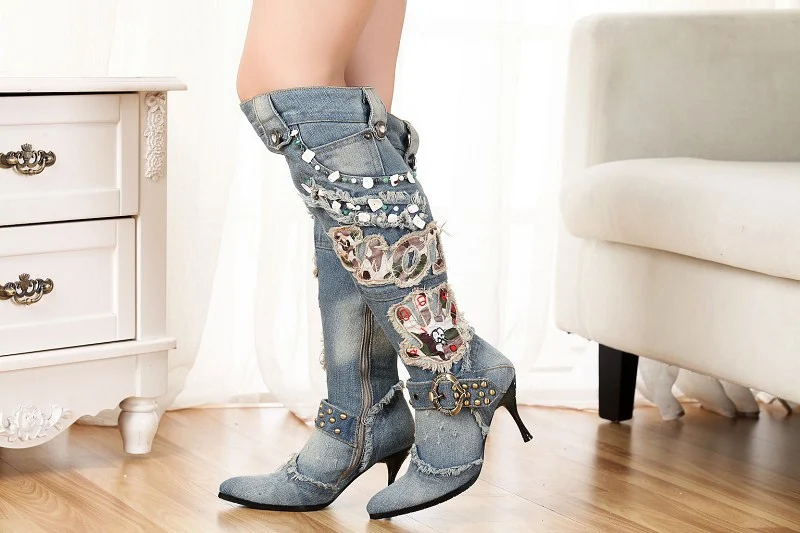 Women's String Beads High-Heeled Denim Stiletto Heels, designed for a stylish and confident look, perfect for any occasi — photo 5