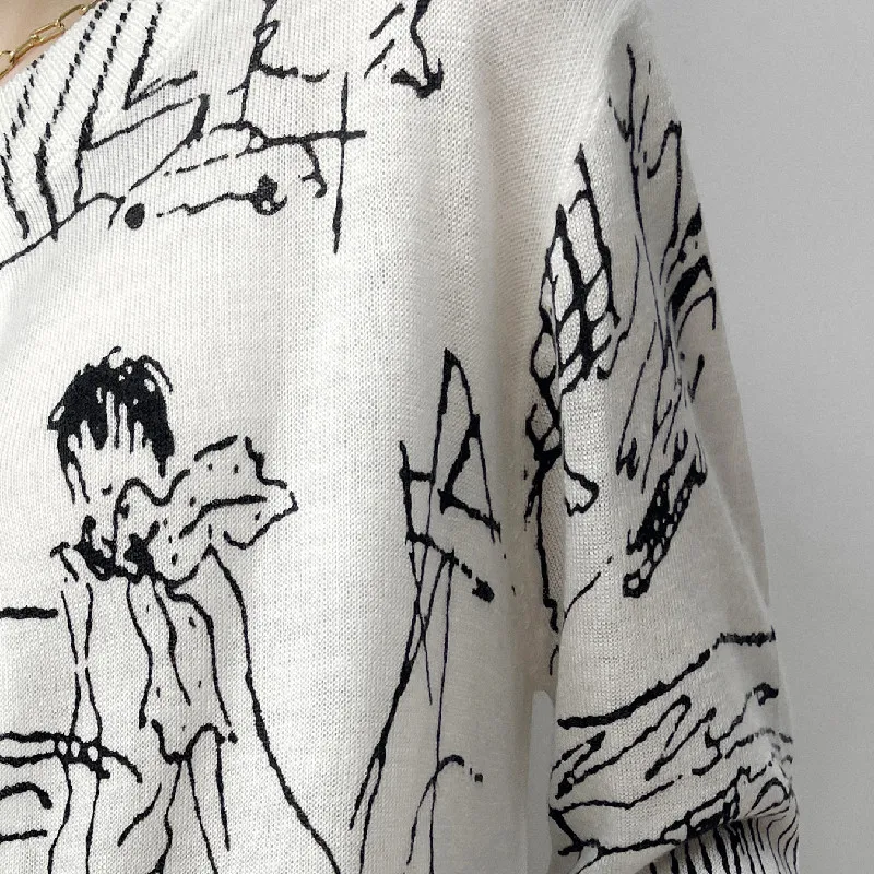 Spring And Autumn New Wool Cardigan Graffiti Round Neck Knitted Long Sleeve Baggy Coat — photo 6