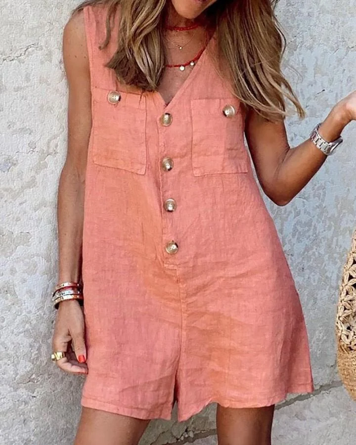 Katoen-linnen jumpsuit met V-hals, knopen, opgestikte zakken en korte broek. Ideaal voor de zomer. — foto 5