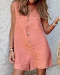 Katoen-linnen jumpsuit met V-hals, knopen, opgestikte zakken en korte broek. Ideaal voor de zomer. — foto 5