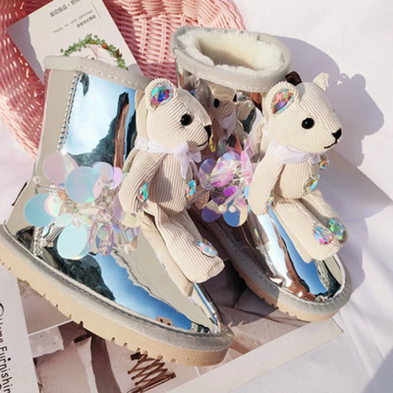 Title 6, Botas de neve femininas com urso de strass e pe...