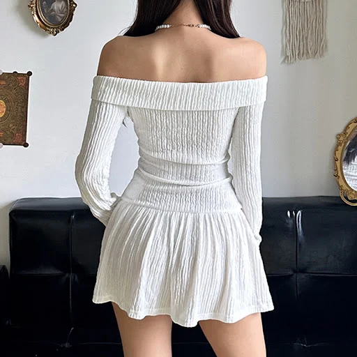 Title 2, French Style Pleating Off-shoulder Dress Women...