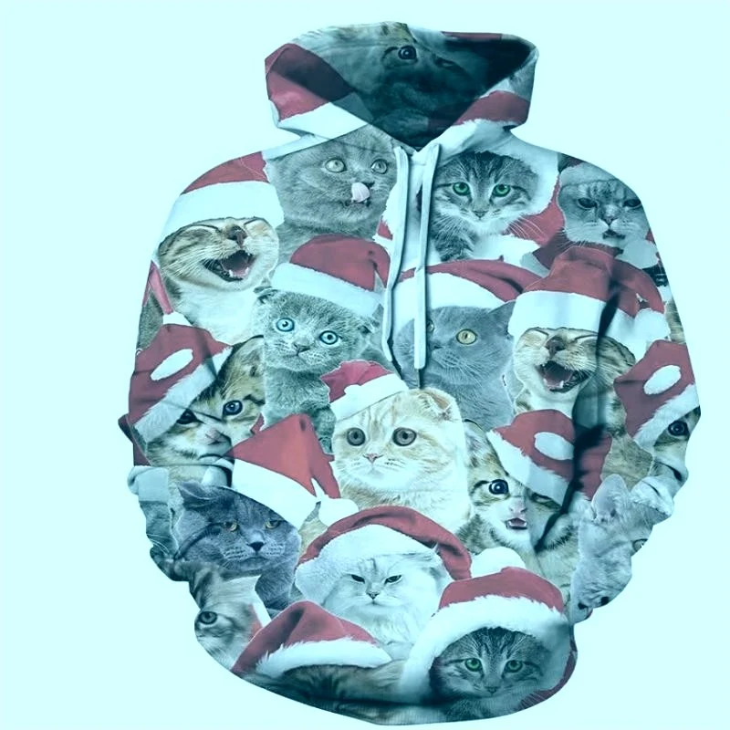 Moletom masculino com estampa digital de gato natalino, perfeito para o Natal, confortável e estiloso, ideal para os amantes de gatos. — foto 14