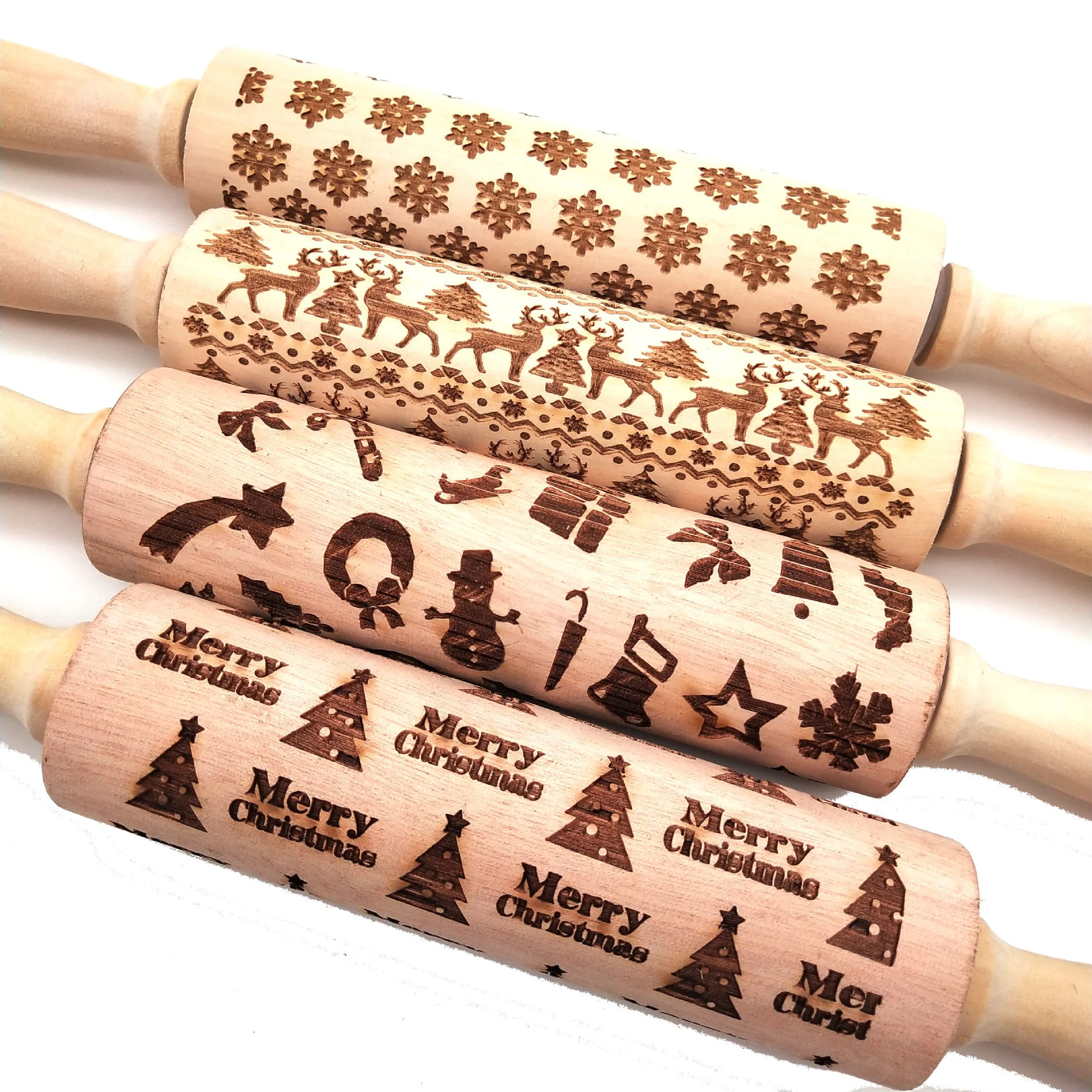 Christmas Reindeer Snowflake Pine Print Wooden Rolling Pin perfect for creating festive cookies and baked goods with hol — photo 6