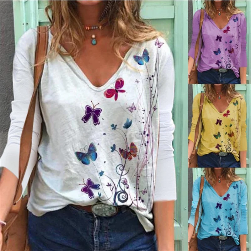 Butterfly Printed Long Sleeve V-neck T-shirt For Women — photo 4