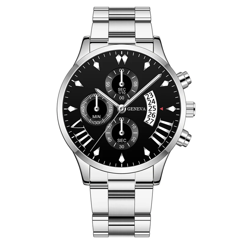 Title 13, Mens quartz watch with steel band and calendar...