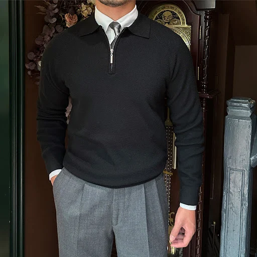 Title 2, Mens Pullover Long Sleeve Knit Shirt with Zipp...