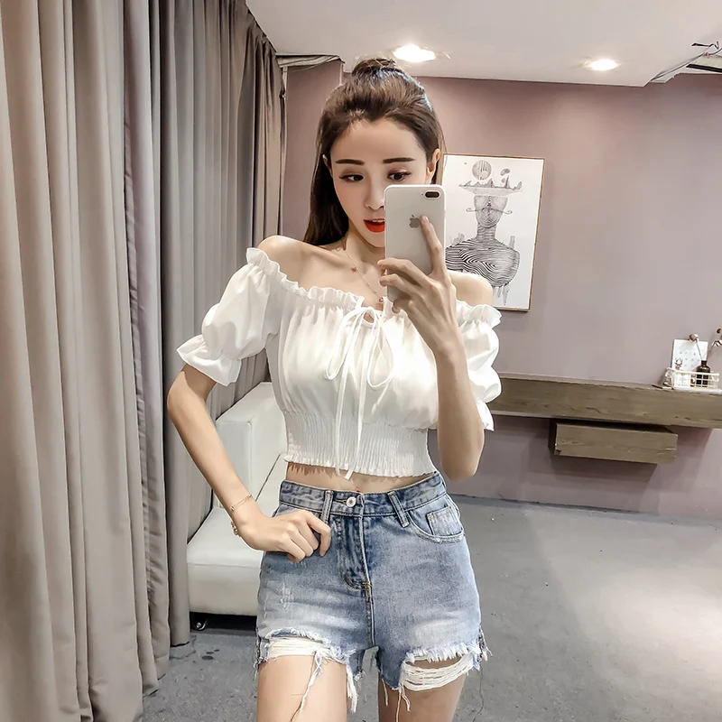 Title 15, Womens High Waist Short Top with One-line Neck...