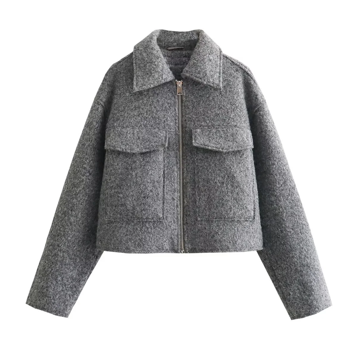 Autumn and Winter New Beaded Leather Woolen Short Jacket Polo Collar Solid Color for warmth and stylish outerwear. — photo 3