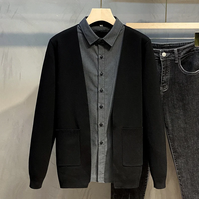 Cardigã de malha masculino outono inverno, duas peças falsas, moda moderna e confortável, ideal para um visual elegante e aquecido. — foto 1