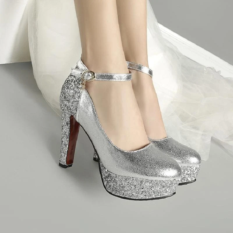 Sapatos femininos de plataforma impermeáveis de salto super alto brancos, sapatos de noiva dourados com lantejoulas para casamentos e banquetes — foto 6