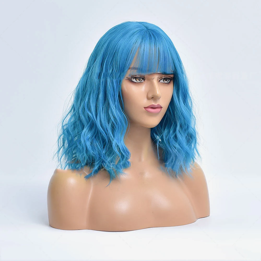 Peruca feminina azul claro, estilo europeu e americano, cabelo curto cacheado, fibra química, visual moderno e fácil de usar. — foto 1