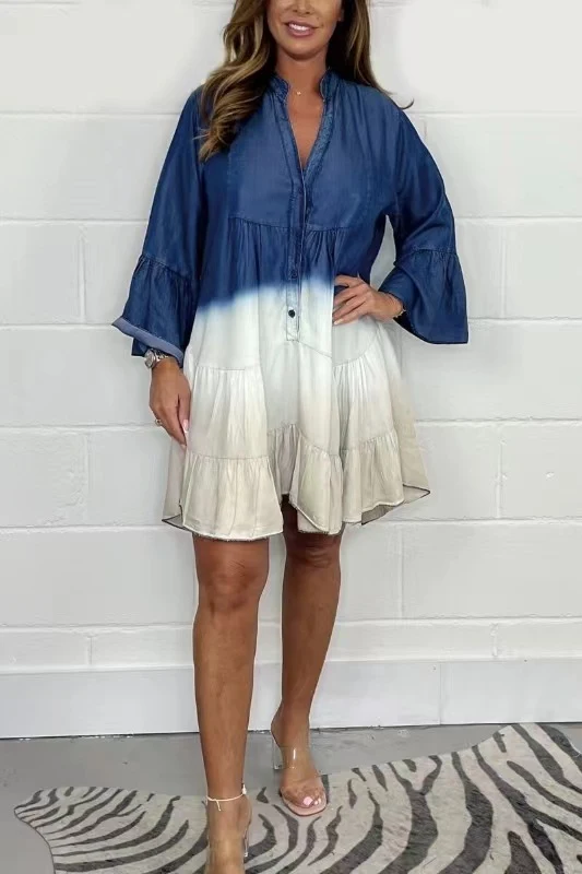 Women's Tie-dye Lyocell Denim Blue And White Long Sleeveless Dress — photo 2