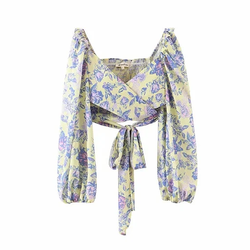 Title 2, Floral Lantern Sleeves V-Neck Fungus Lace-Up Cr...