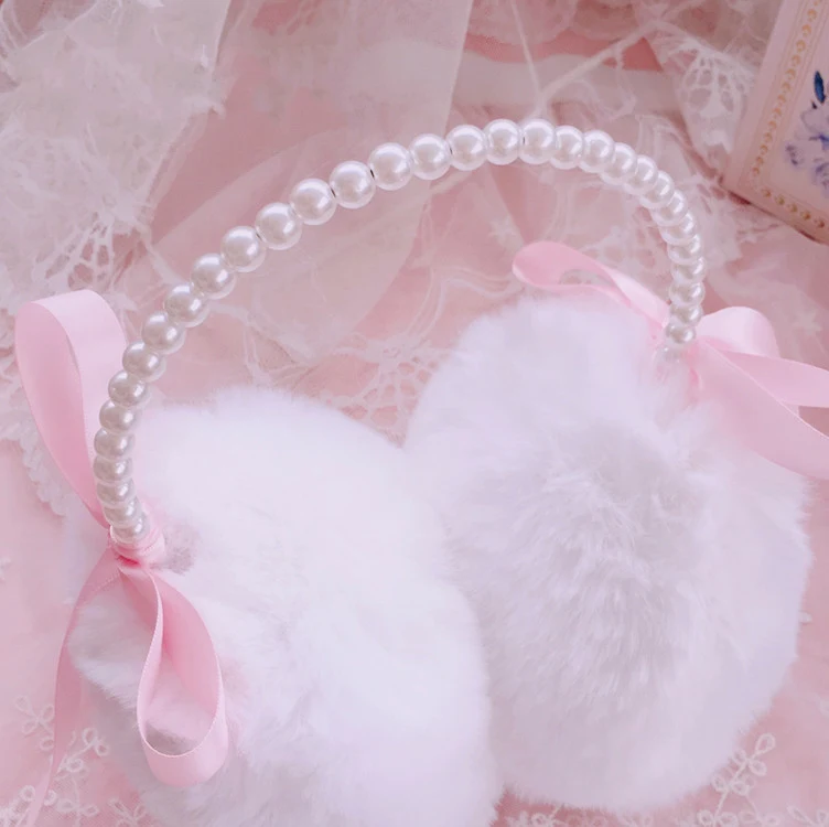 Title 5, Plush Pearl Bow Warm Lolita Earmuffs Stay cozy ...