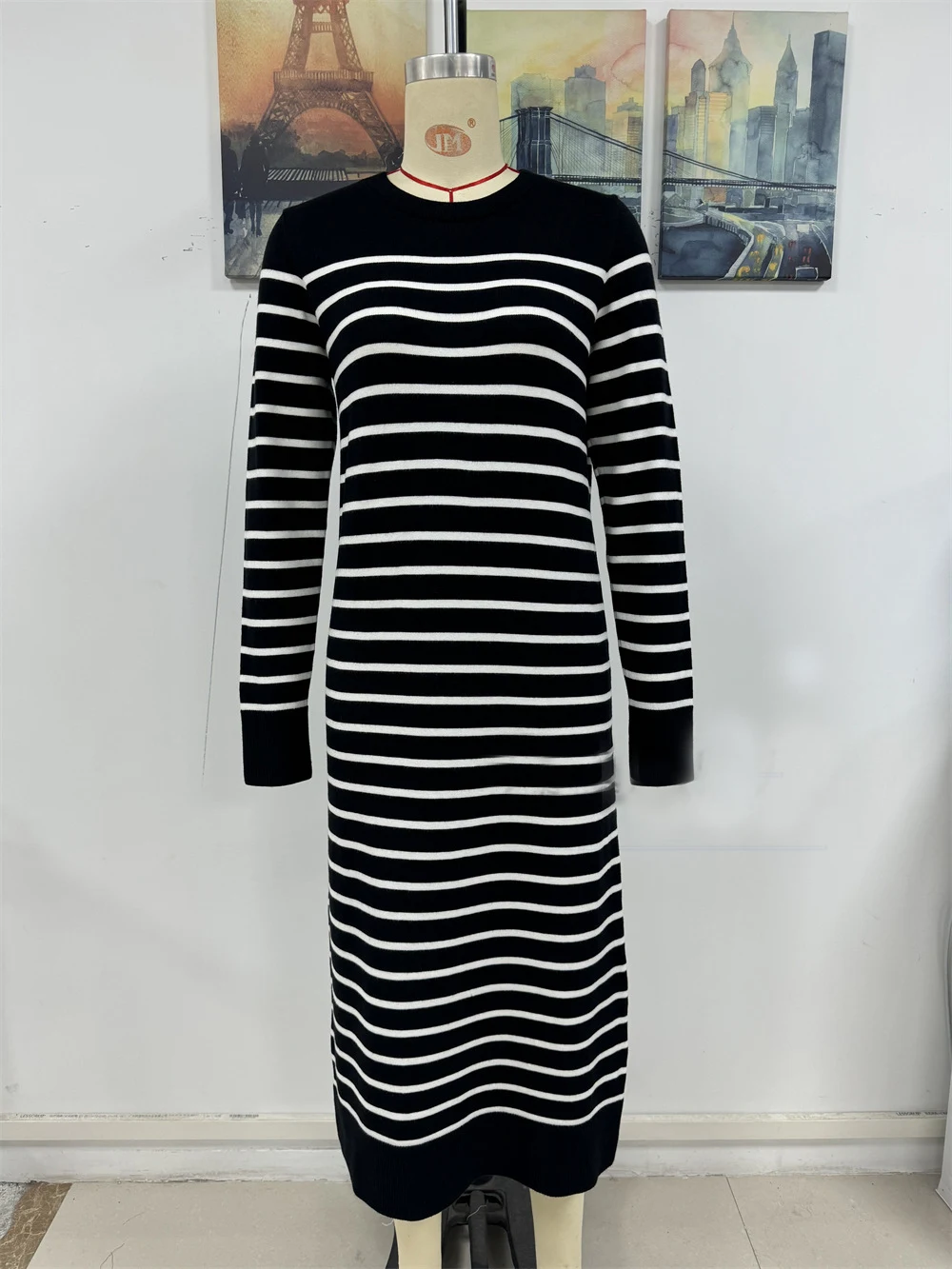 Title 10, Slim Striped Printed Long Dress Fashion Autumn ...