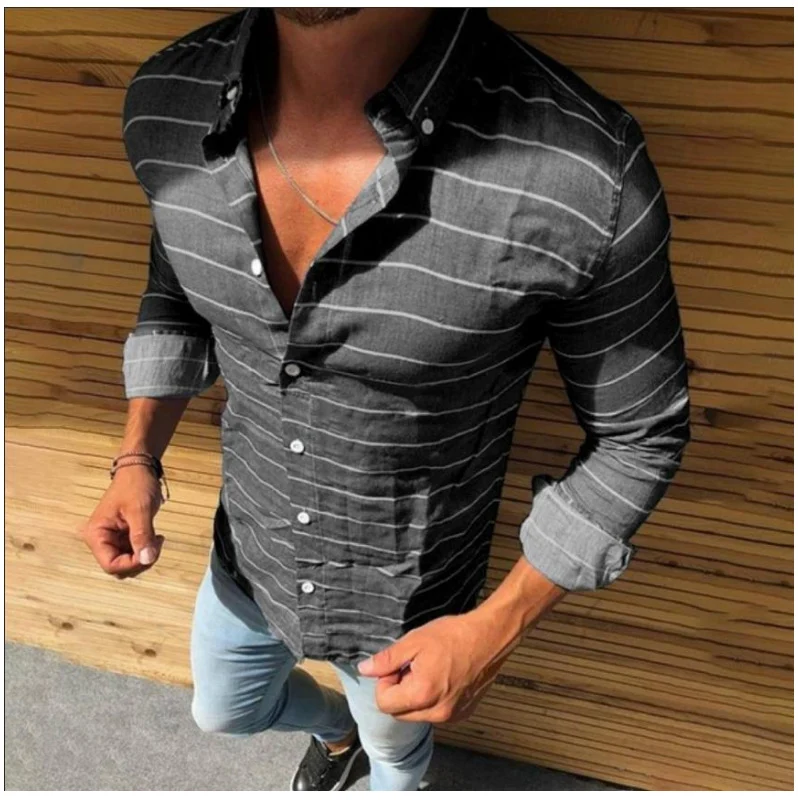 Title 2, Striped long sleeve button lapel mens shirt fo...