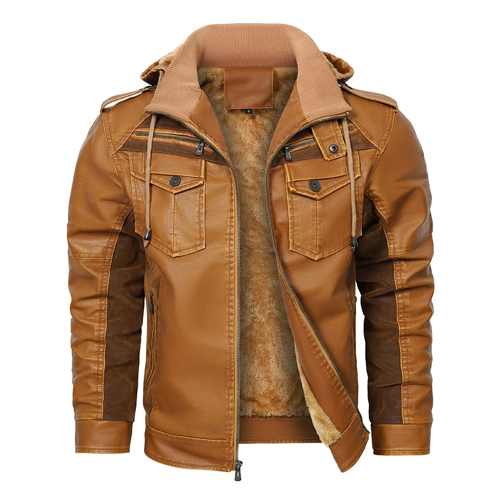 Jaqueta de couro PU com capuz masculina, casaco acolchoado de lã de inverno, tamanho europeu, ideal para o frio e com estilo. — foto 5