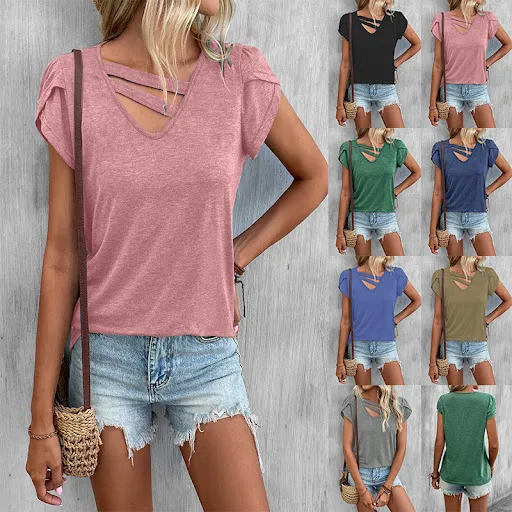 Title 2, Womens Solid Color And V-neck Petal Sleeve Loo...