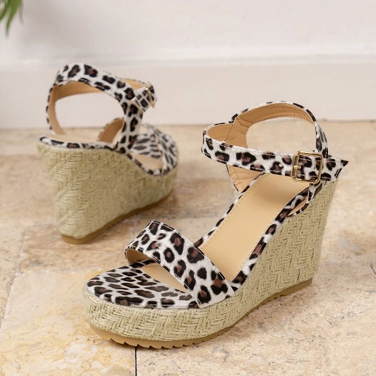 Title 7, Womens Leopard Wedge Sandals with Belt Buckle ...