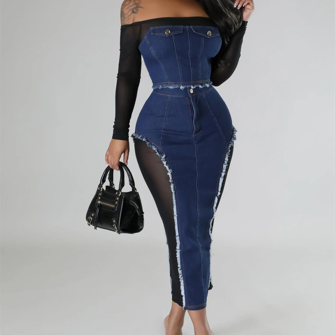 Women's Fashion Mesh Denim Stitching See-through Tube Top Skirt Two-piece Set — photo 16