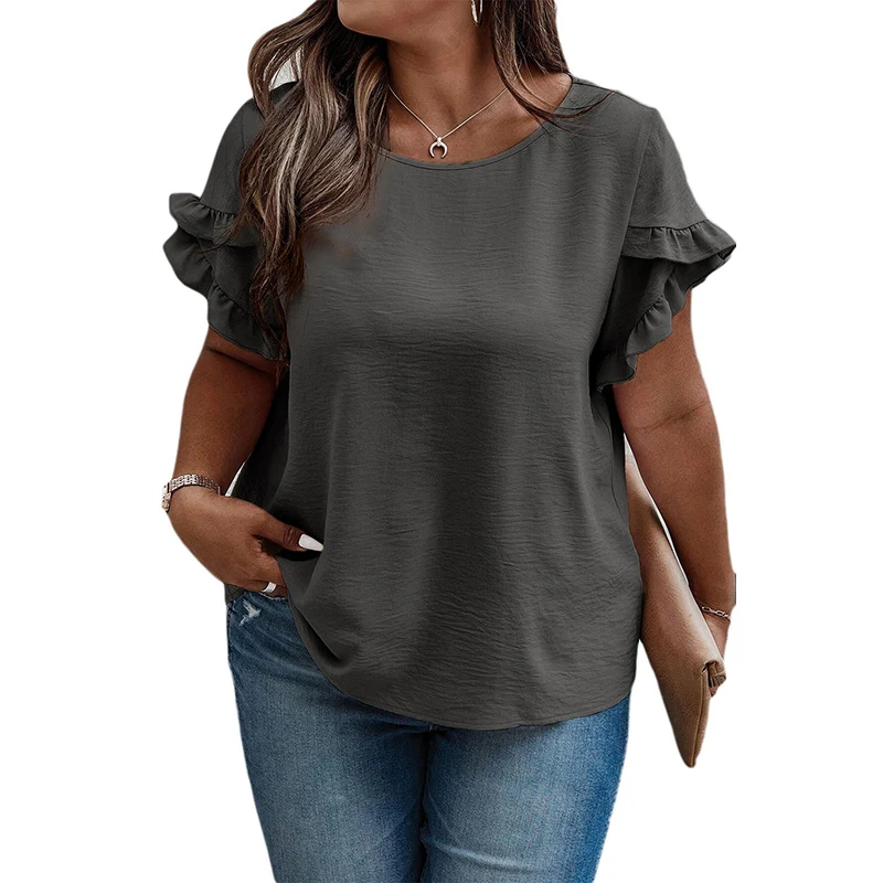 Camiseta feminina de manga curta com babados e ajuste solto oversized — foto 5