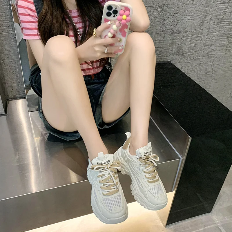 Title 15, White Mesh Breathable Shoes with Thick Bottom a...
